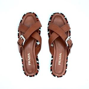 Prada "Brandy" Leather Buckled Criss-Cross Slide, Red White and Blue